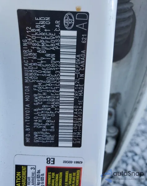 2012 Toyota Corolla Base из США, поврежденный, VIN 2T1BU4EE1CC853123